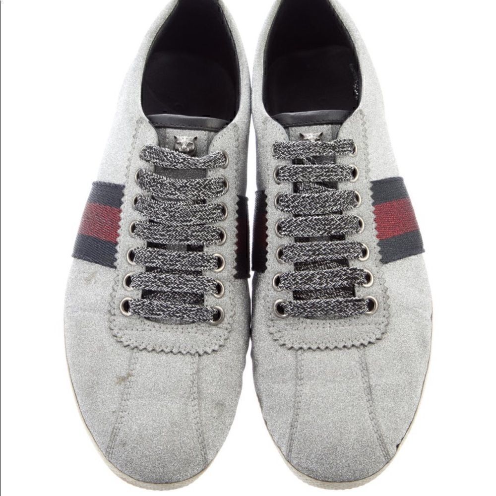Gucci web silver sneakers size 7.5 - Picture 2 of 13